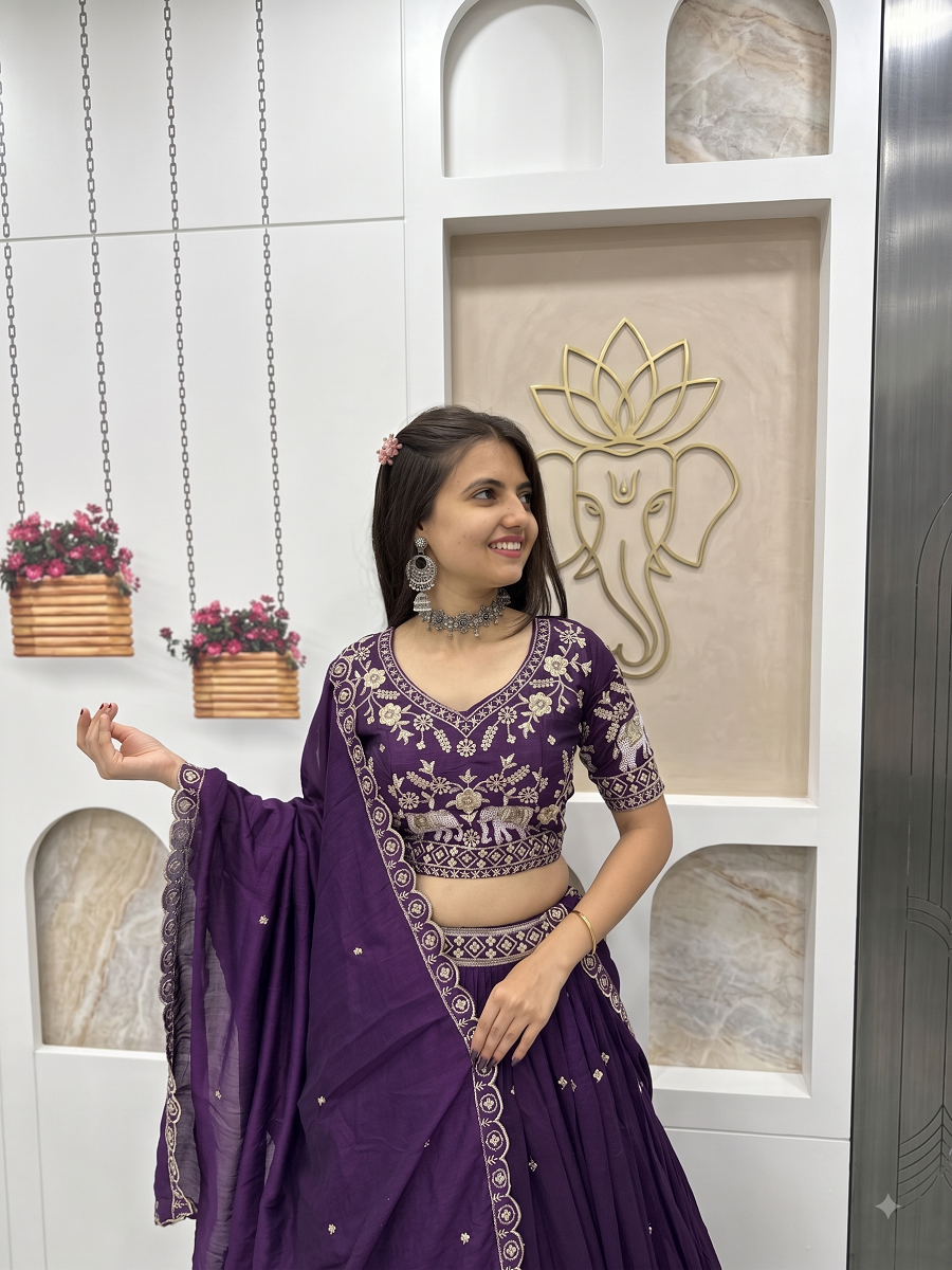 Traditional Elephant Motif Embroidered Lehenga Choli Set with Cutwork Dupatta