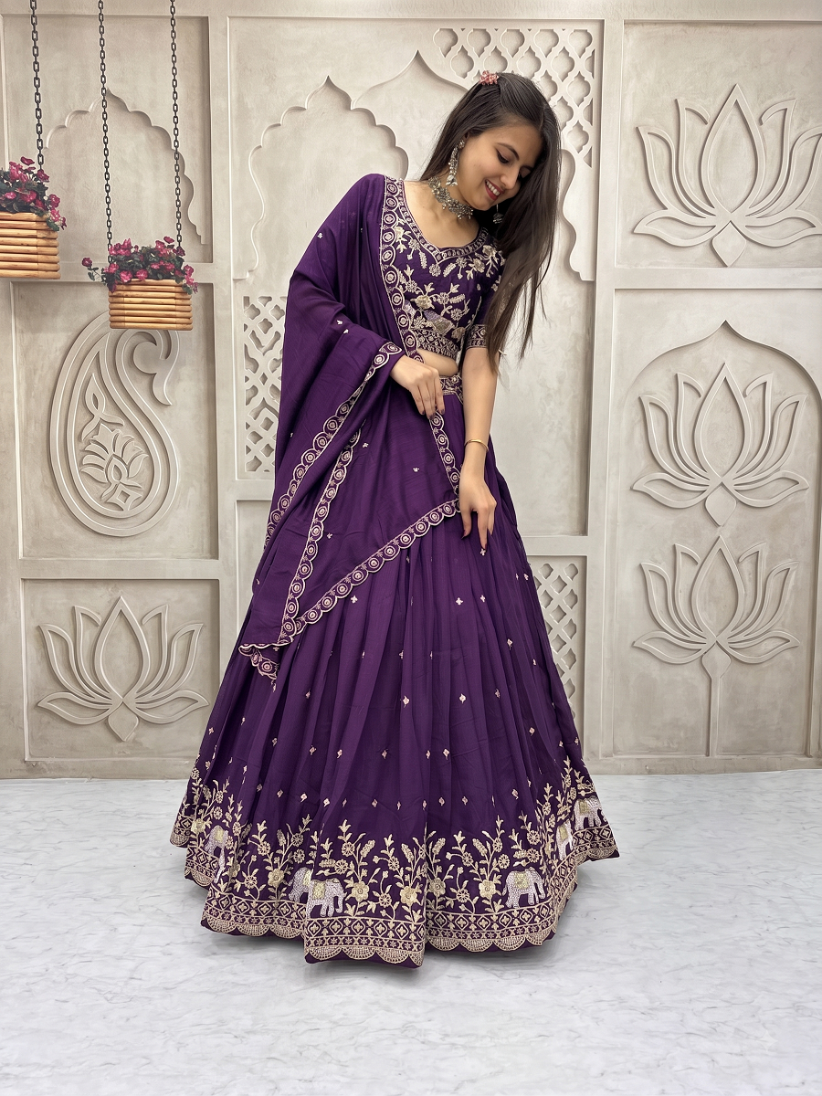 Traditional Elephant Motif Embroidered Lehenga Choli Set with Cutwork Dupatta