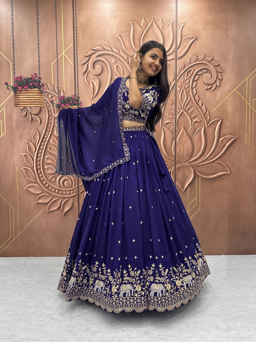 Traditional Elephant Motif Embroidered Lehenga Choli Set with Cutwork Dupatta