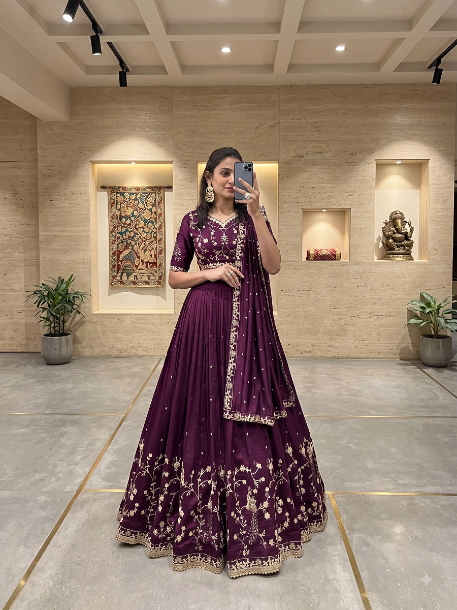 Purple Vichitra Silk Embroidered Lehenga Choli with Peacock Motifs and Dupatta for Women