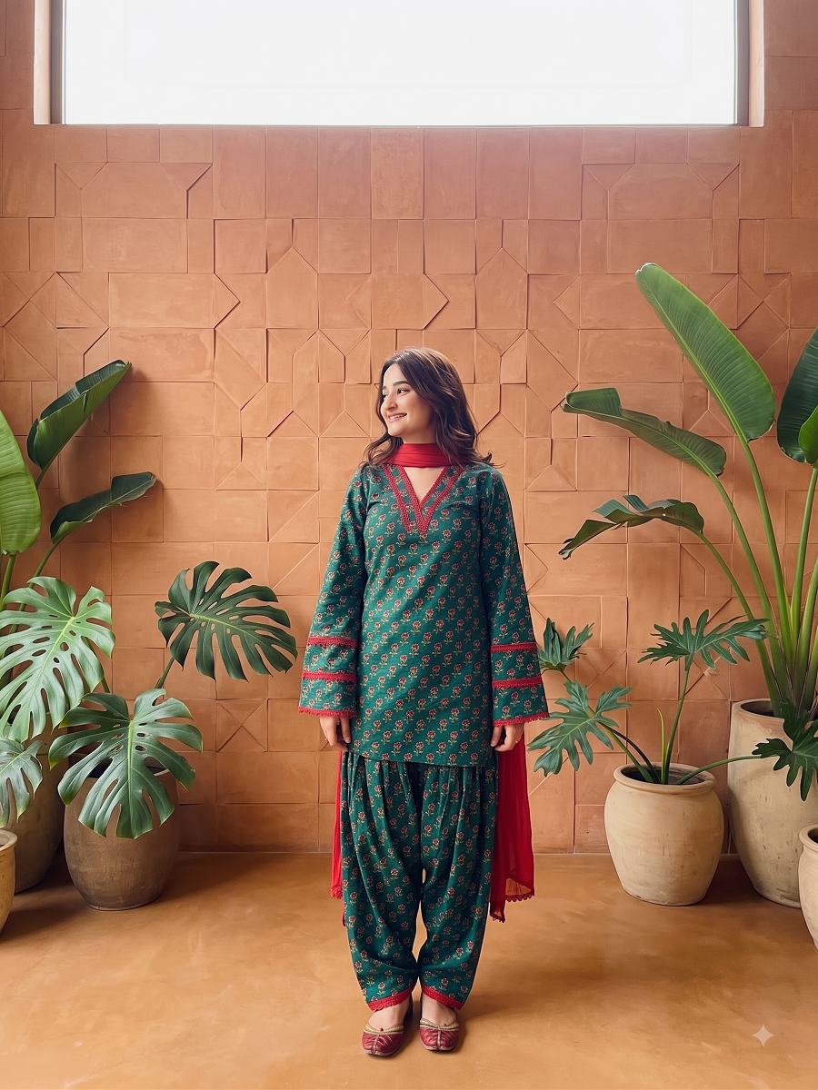 Teal Green Floral Printed Cotton Kurti with Farshi Salwar and Dupatta Set