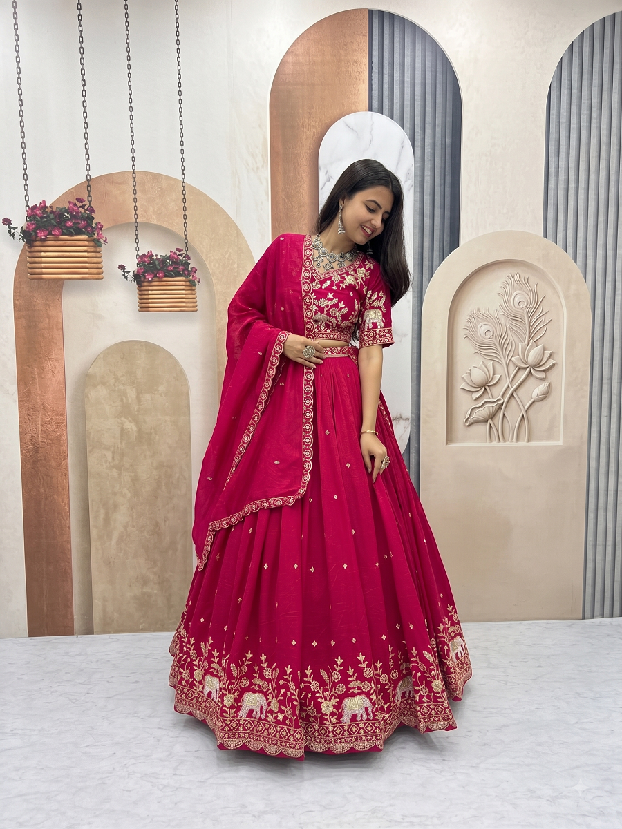 Traditional Elephant Motif Embroidered Lehenga Choli Set with Cutwork Dupatta