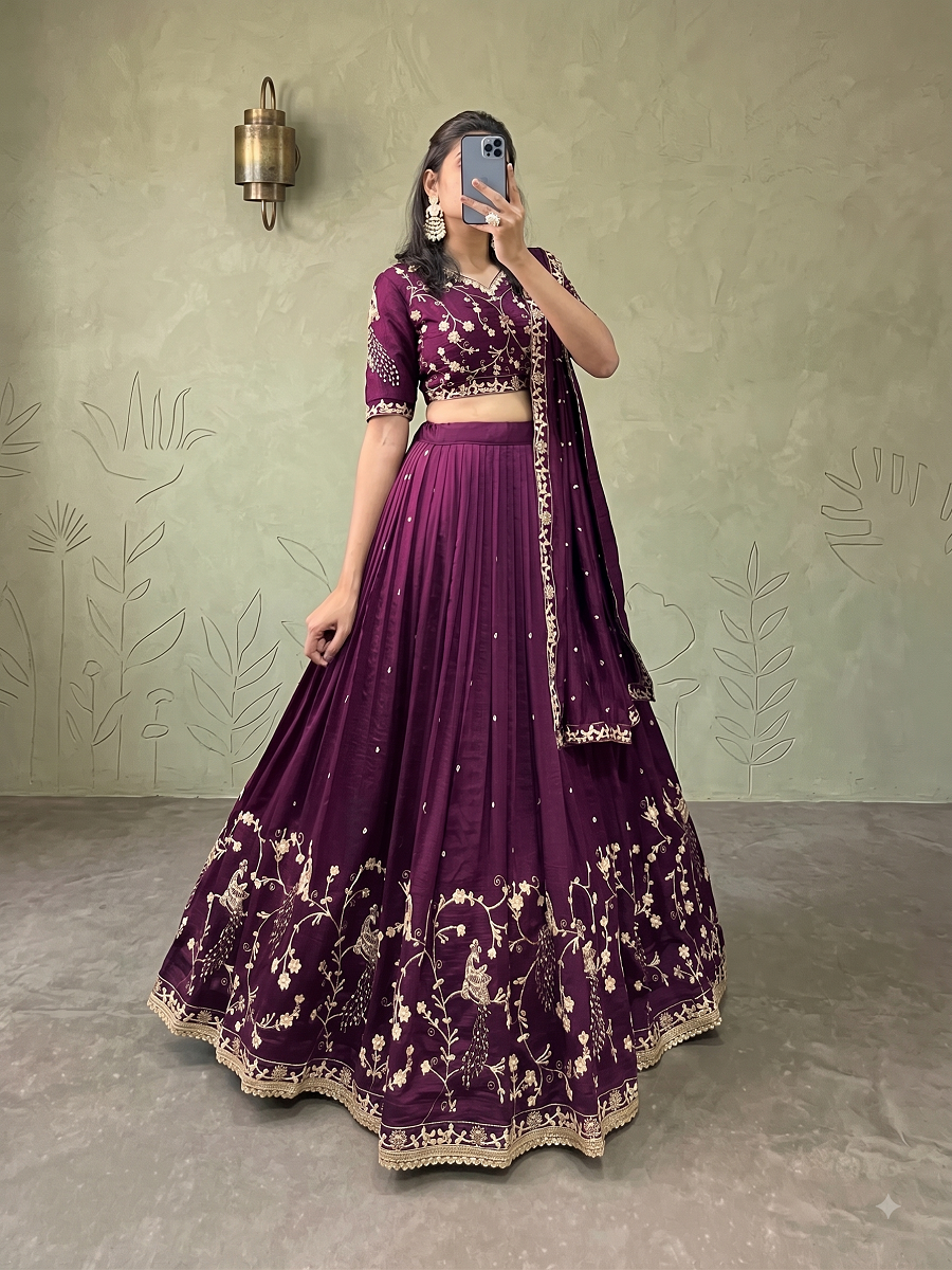 Purple Vichitra Silk Embroidered Lehenga Choli with Peacock Motifs and Dupatta for Women