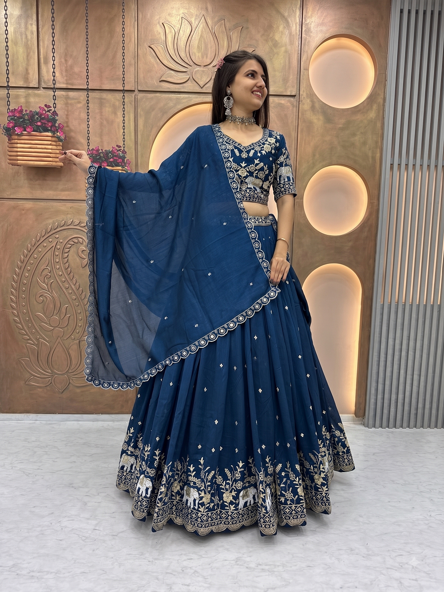 Traditional Elephant Motif Embroidered Lehenga Choli Set with Cutwork Dupatta