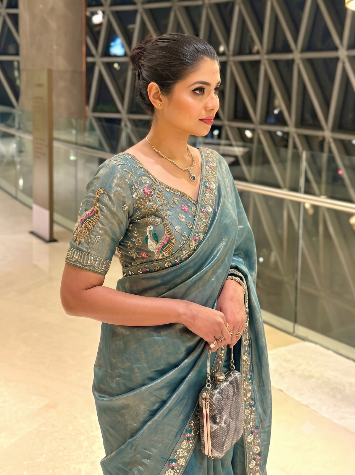 Indian Wedding Wear  Saree with  Stich Peacock Embroidered Blouse Piece