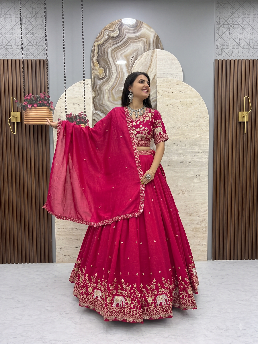 Traditional Elephant Motif Embroidered Lehenga Choli Set with Cutwork Dupatta