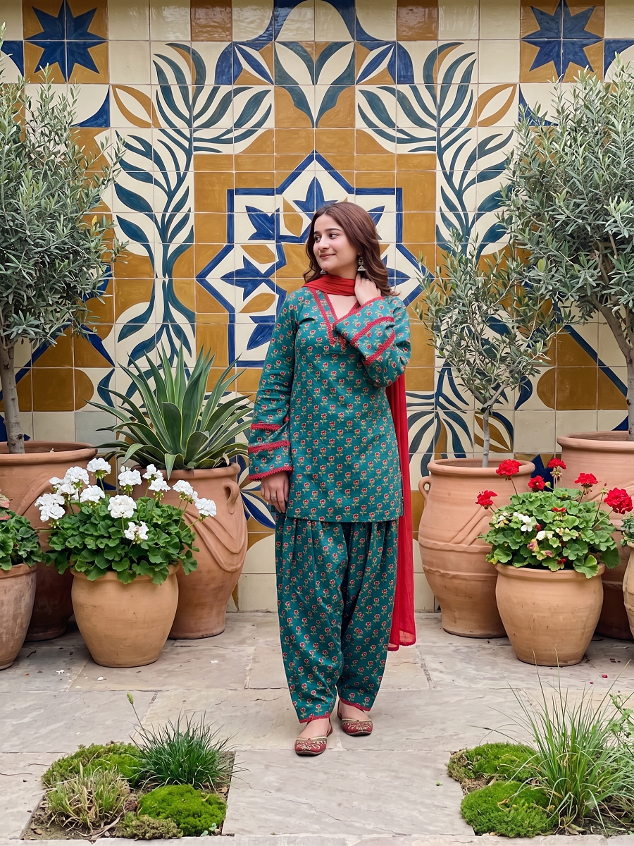 Teal Green Floral Printed Cotton Kurti with Farshi Salwar and Dupatta Set