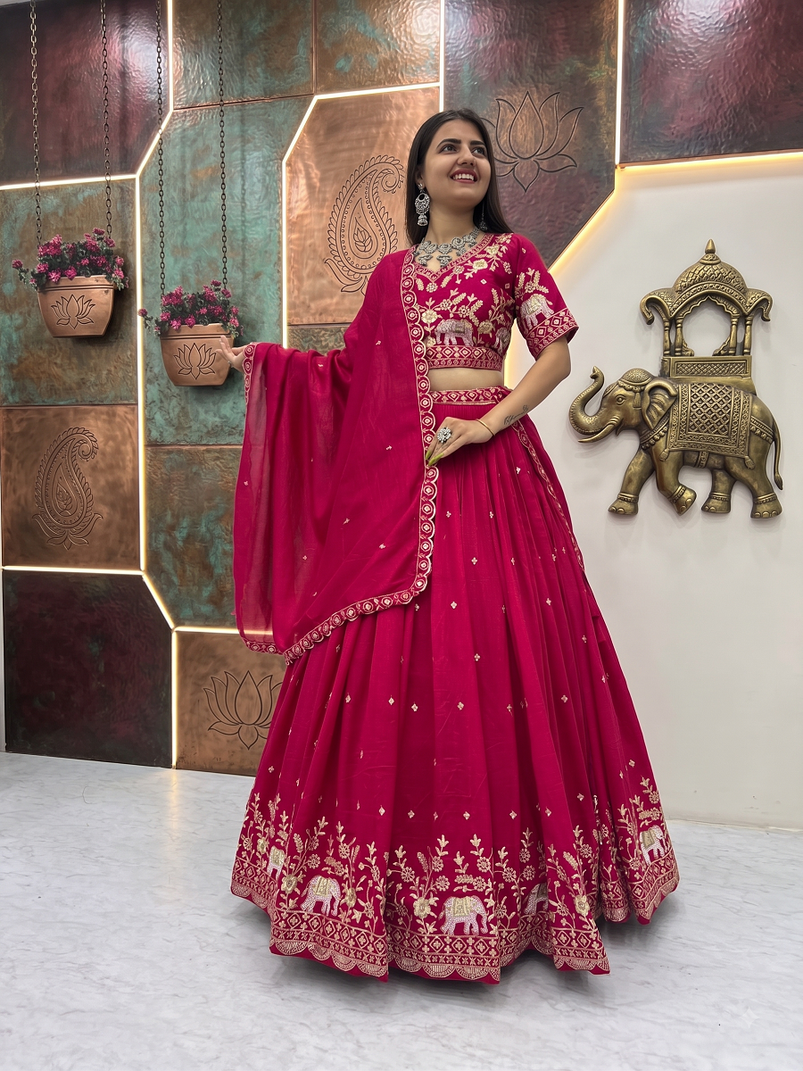 Traditional Elephant Motif Embroidered Lehenga Choli Set with Cutwork Dupatta