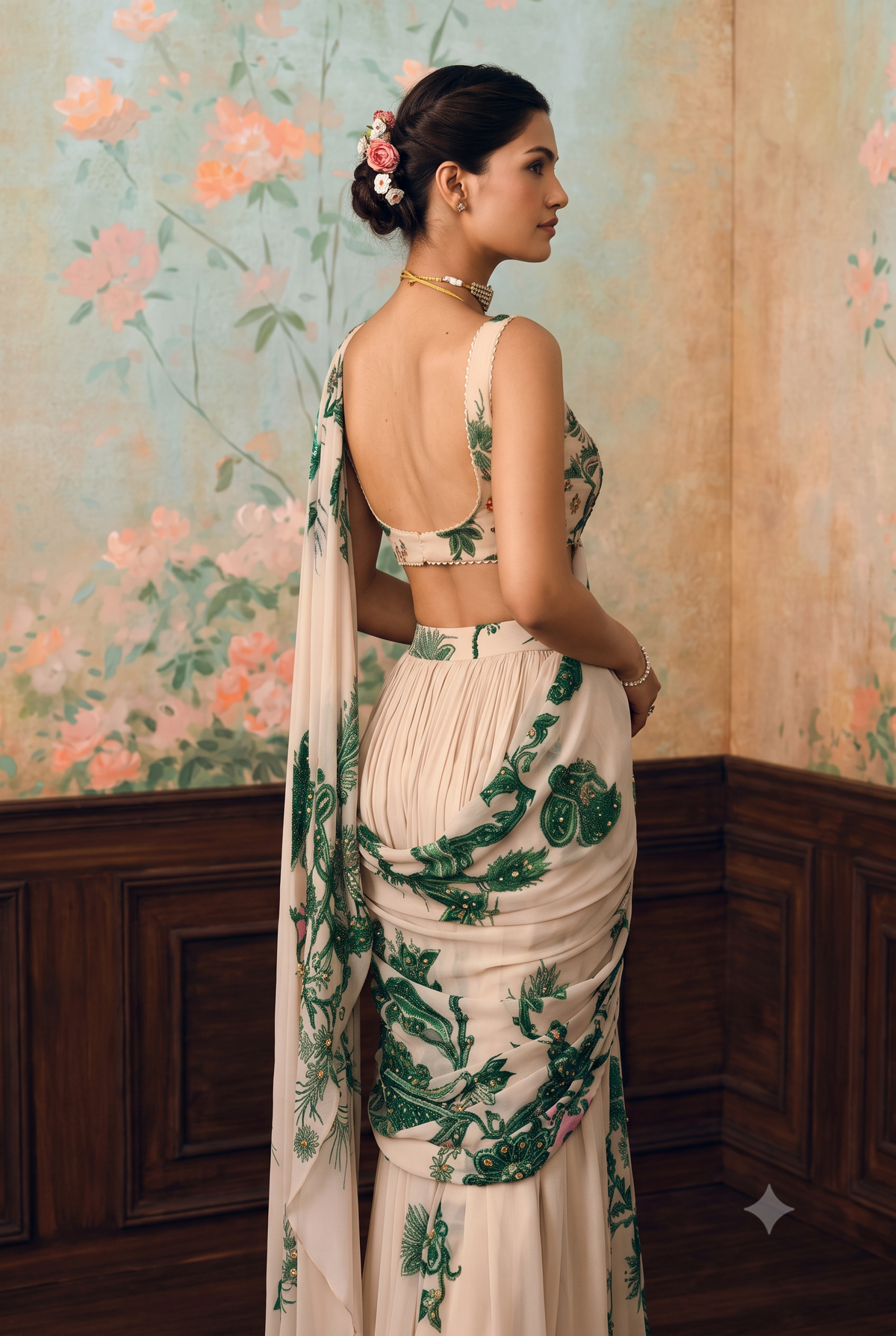 Off White Floral Printed Ready to Wear Georgette Saree with Embroidered Unstich Blouse Piece