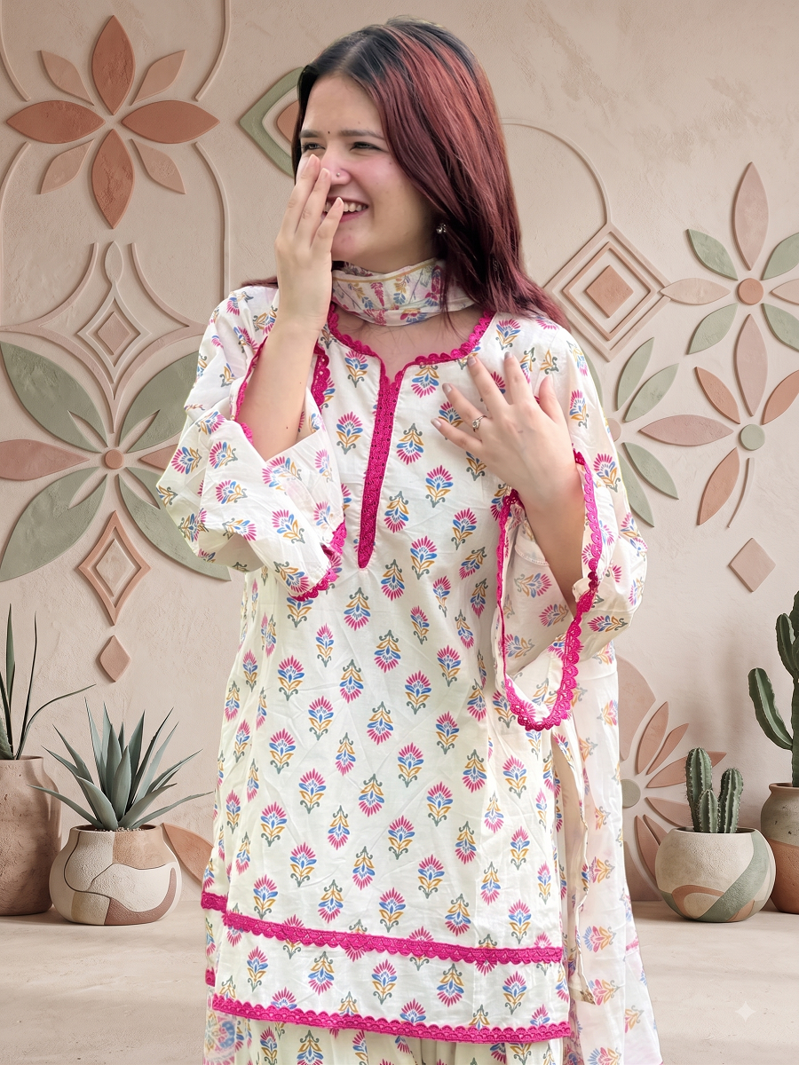 Festive Printed Straight Kurta Set paired with Wide Farshi Salwar and Dupatta