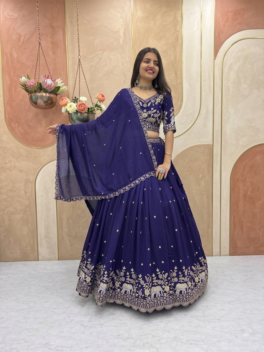 Traditional Elephant Motif Embroidered Lehenga Choli Set with Cutwork Dupatta