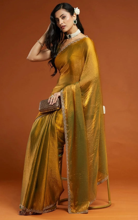 Fandy Jimmy Chu Silk Two Tone Saree With Handworked Lace