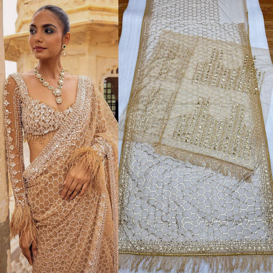 Golden Embroidered Net Saree with Sequins & Designer Blouse