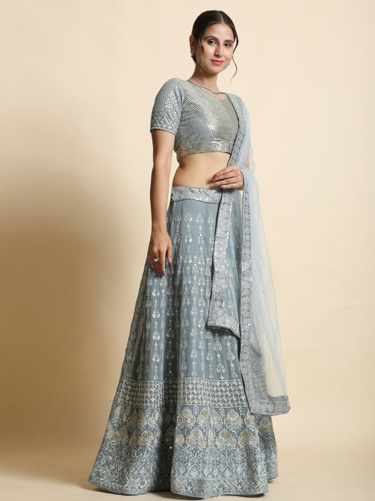 Grey Georgette Embroidary Sequence Worked Designer Wedding Wear Lehenga