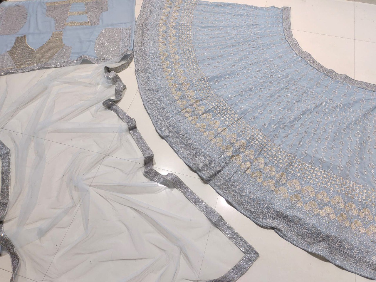 Grey Georgette Embroidary Sequence Worked Designer Wedding Wear Lehenga