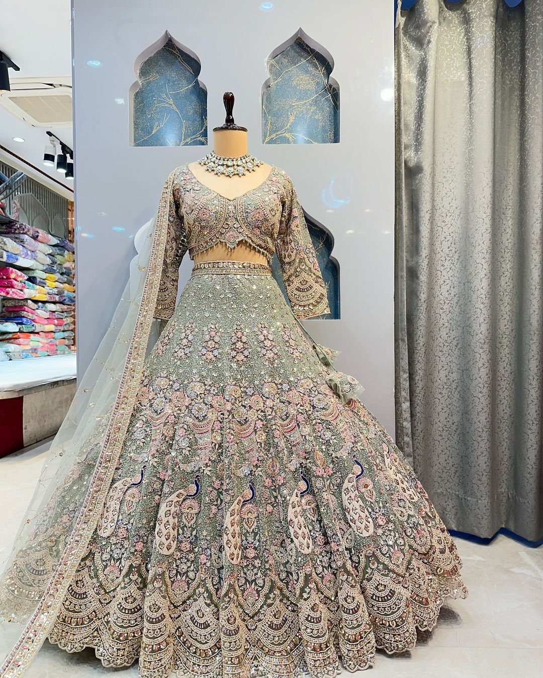 Wedding Wear Pista Color Net Coding Work Lehenga Choli