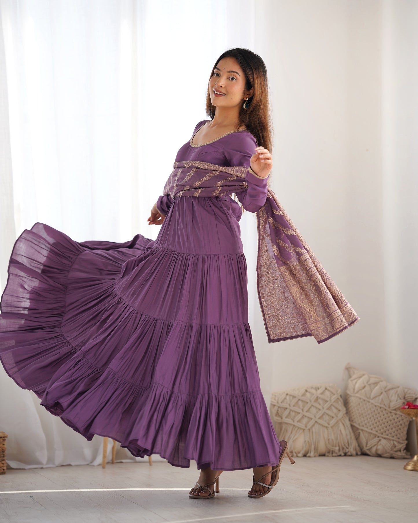 Mavua Purple Roman Silk Gown With Banarasi Dupatta