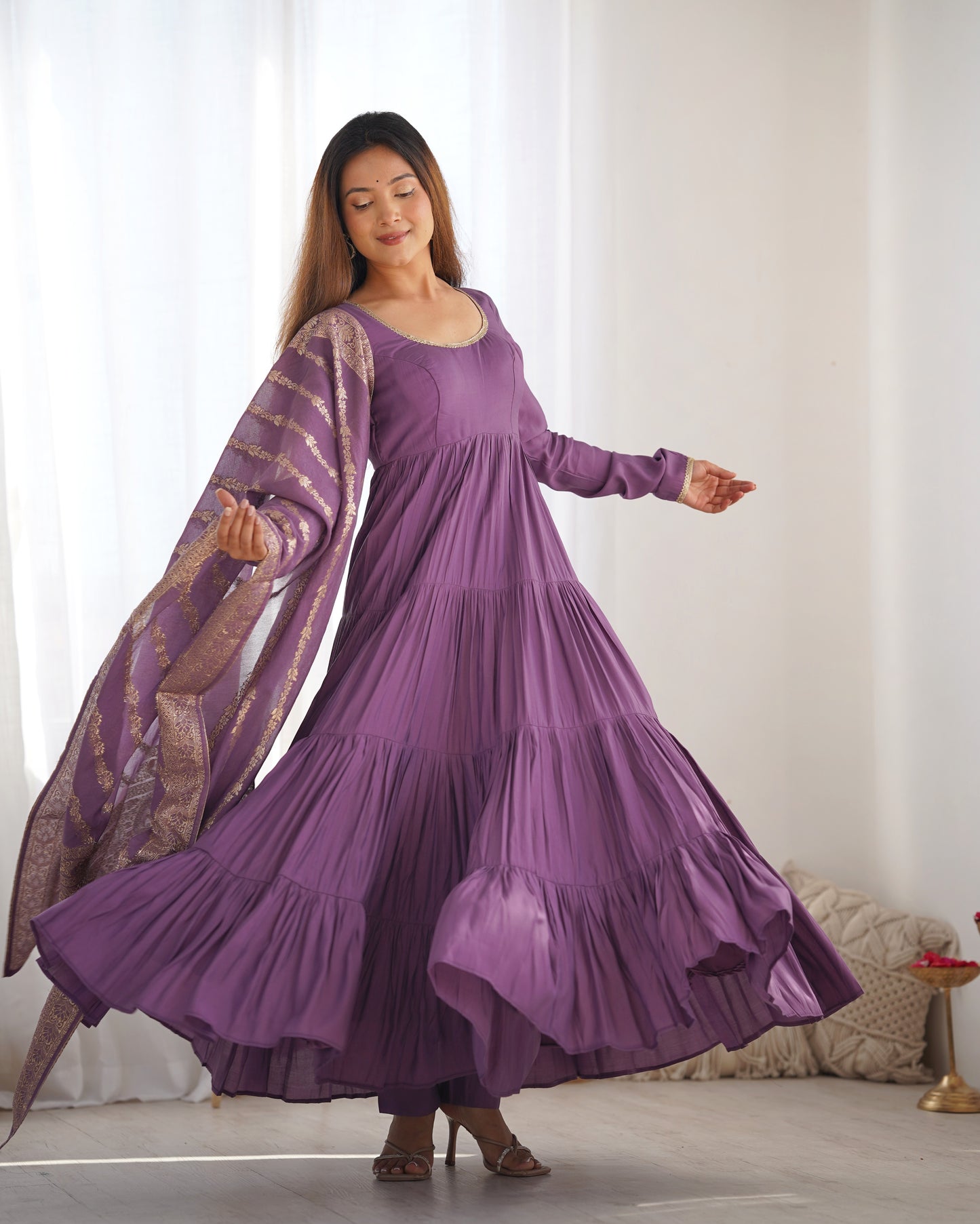 Mavua Purple Roman Silk Gown With Banarasi Dupatta