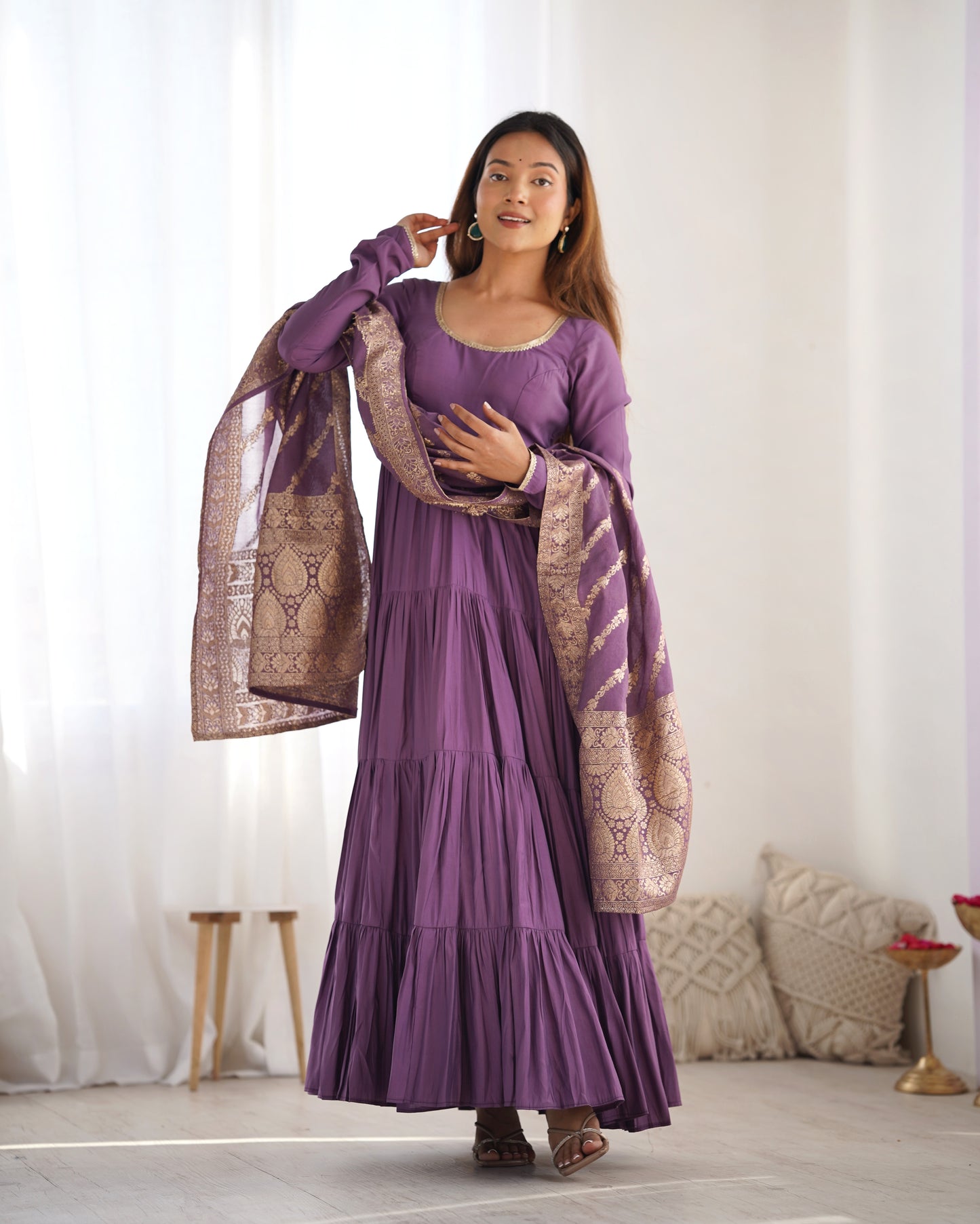 Mavua Purple Roman Silk Gown With Banarasi Dupatta