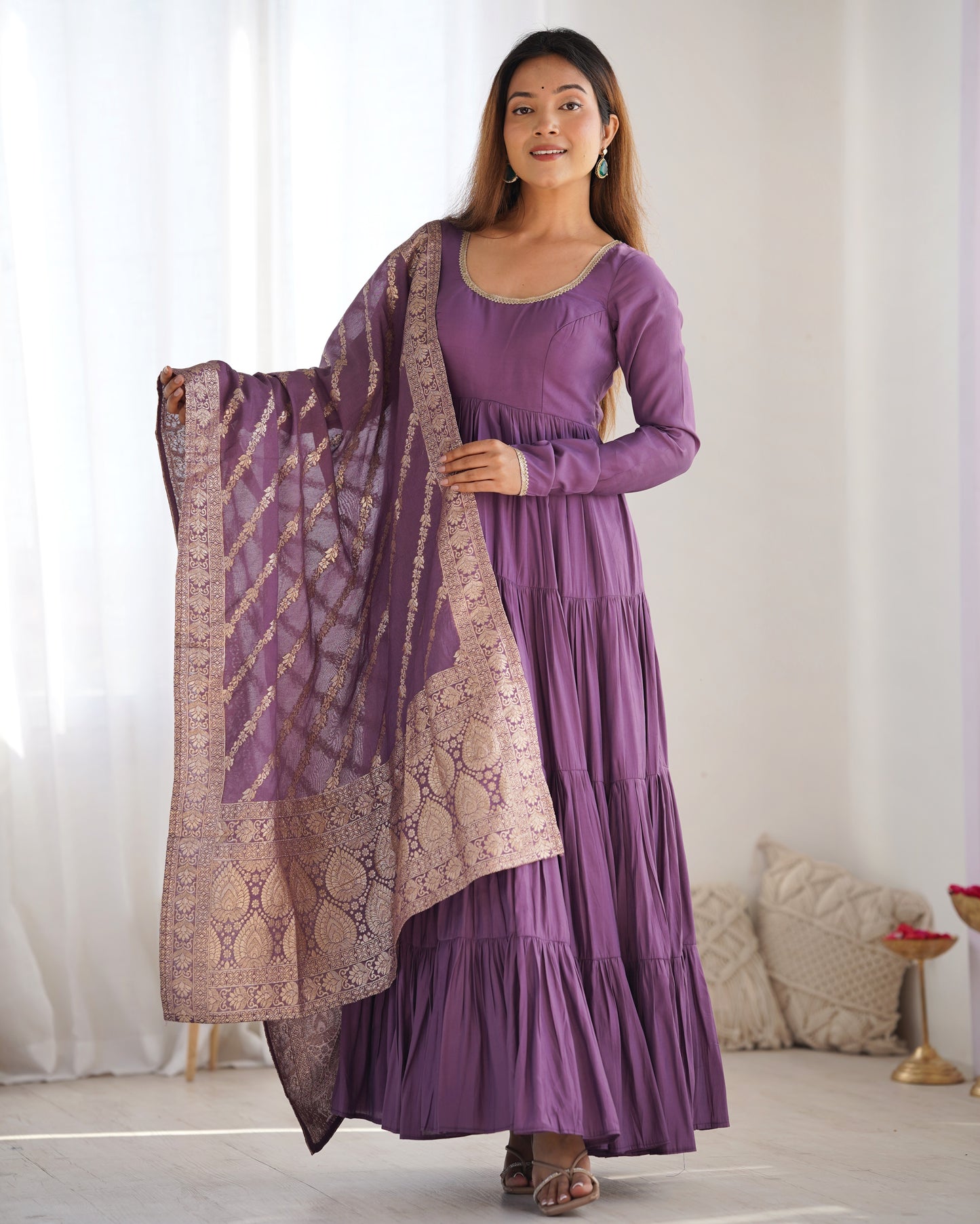 Mavua Purple Roman Silk Gown With Banarasi Dupatta