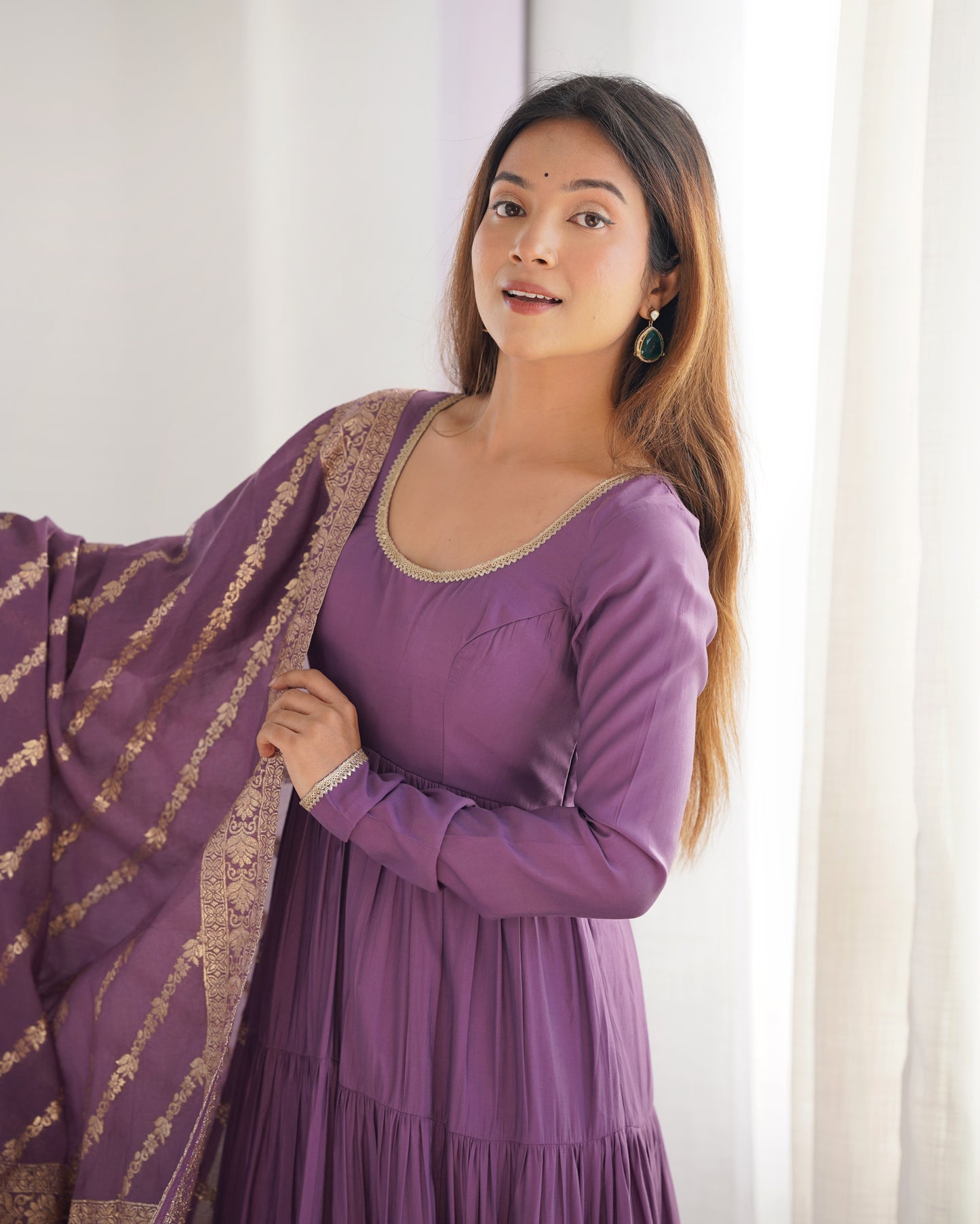 Mavua Purple Roman Silk Gown With Banarasi Dupatta