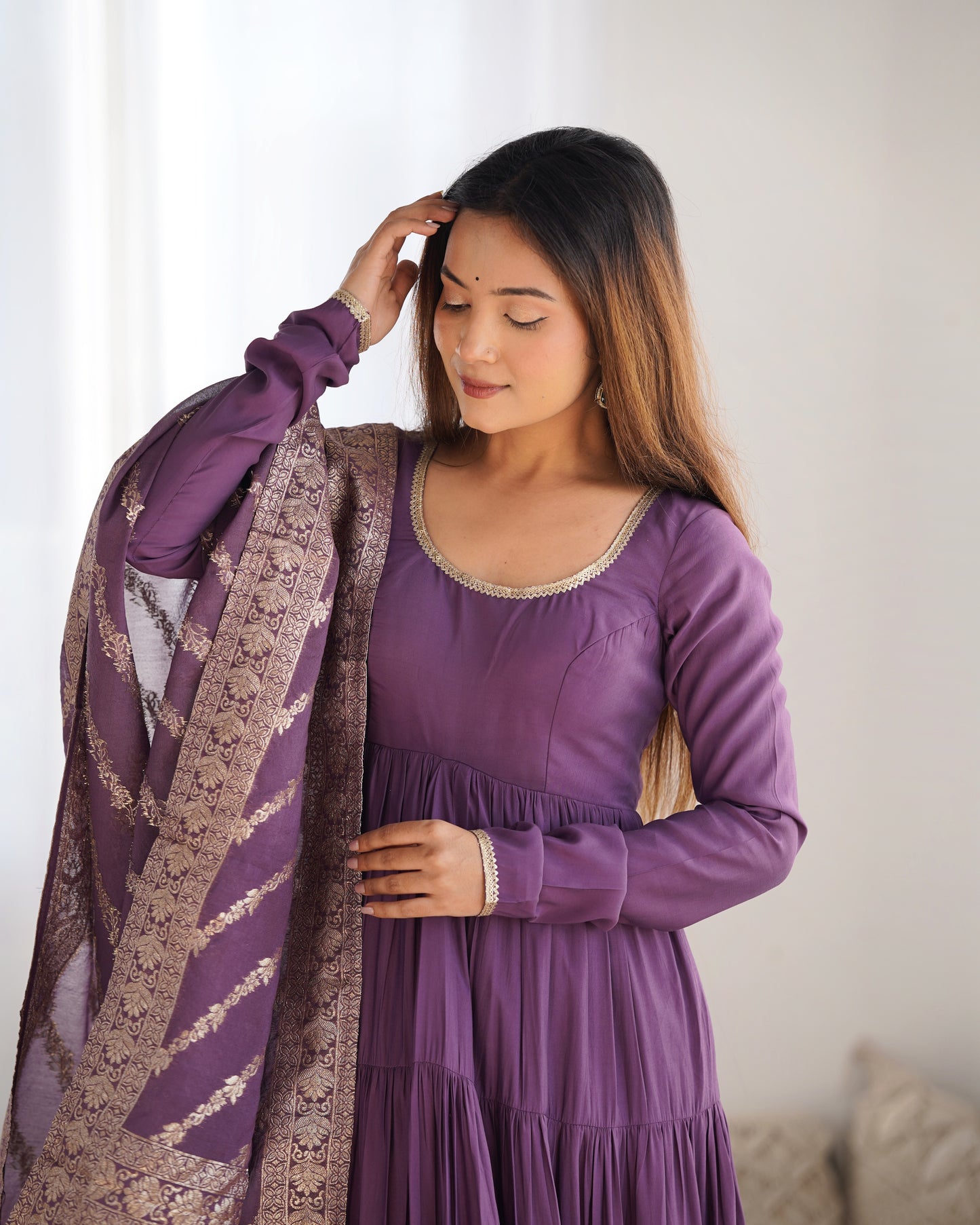 Mavua Purple Roman Silk Gown With Banarasi Dupatta