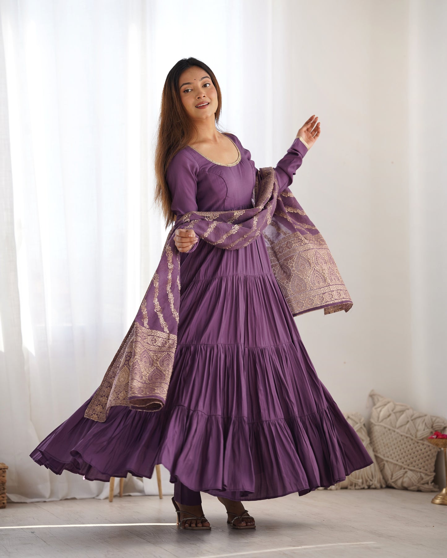 Mavua Purple Roman Silk Gown With Banarasi Dupatta