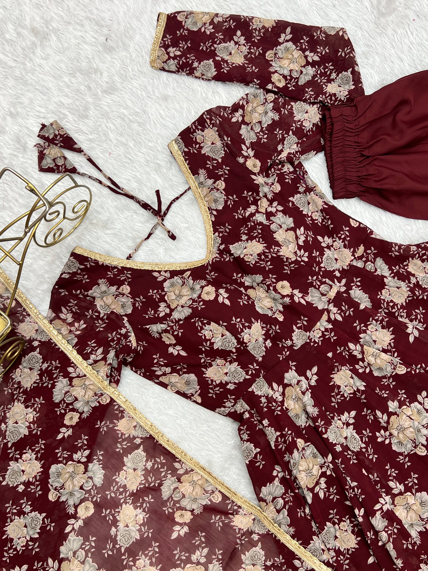 Dark Maroon Georgette Long Anarkali Style Suit Gown Set
