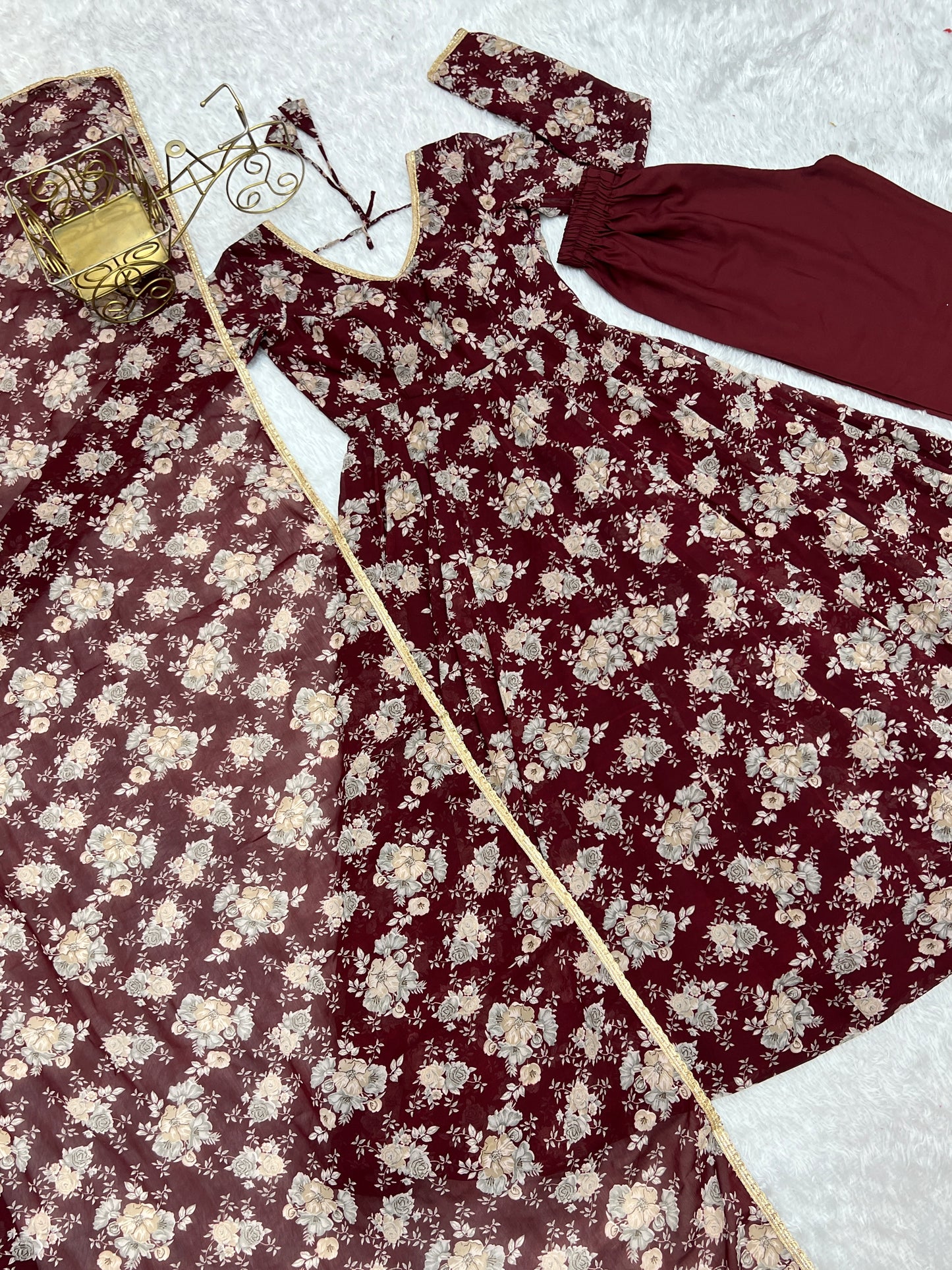Dark Maroon Georgette Long Anarkali Style Suit Gown Set