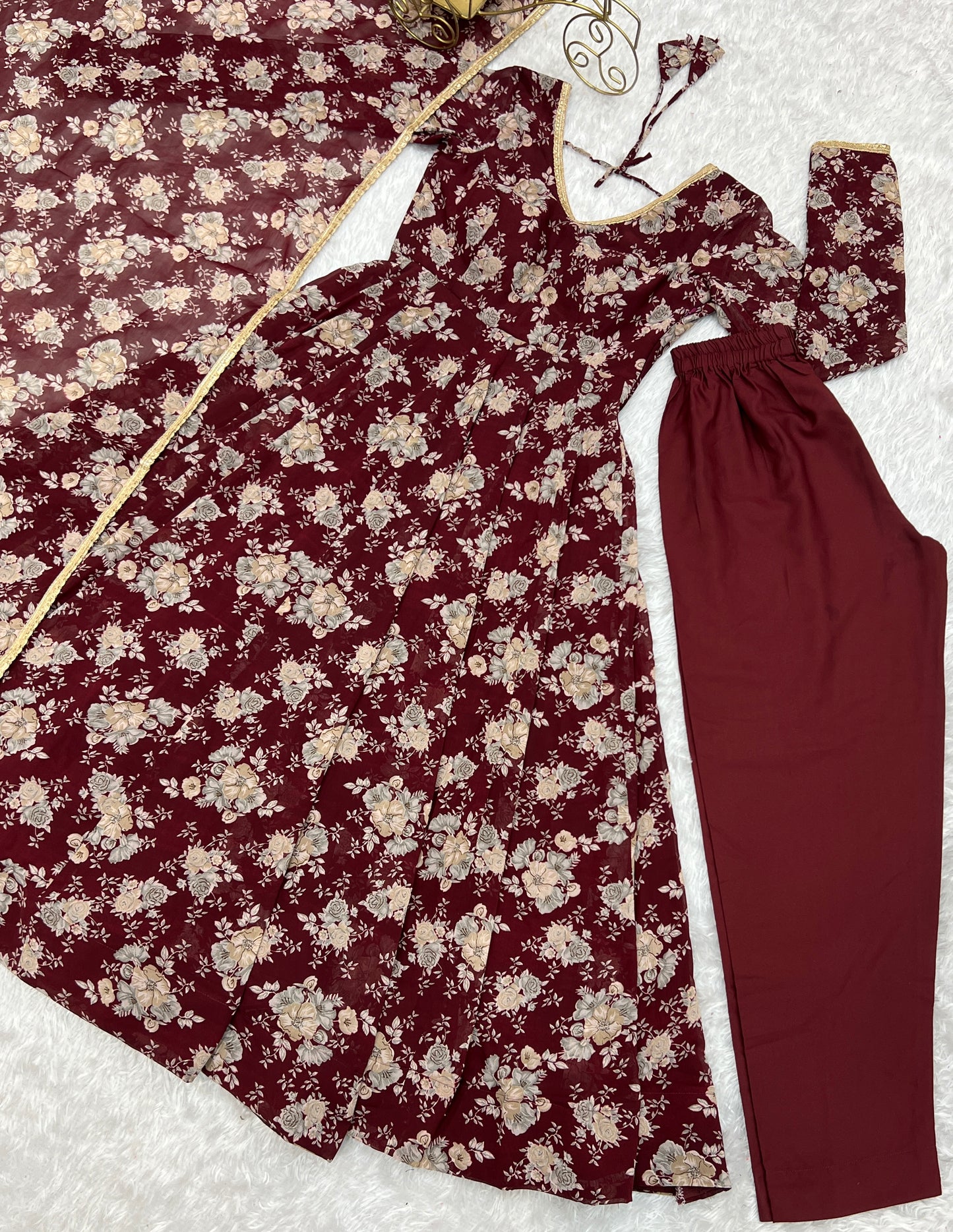 Dark Maroon Georgette Long Anarkali Style Suit Gown Set