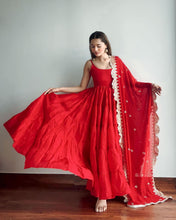 Load image into Gallery viewer, Full Fleir Stiched Red Colour Georgette Trending Party Wear Gown With Fancy Duppta
