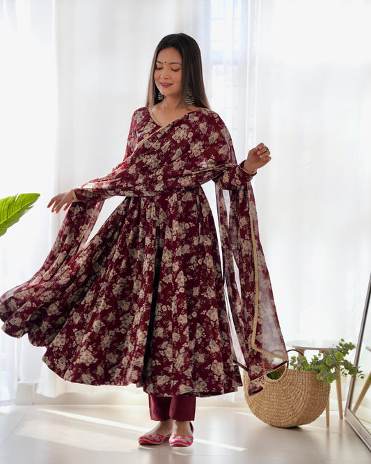 Dark Maroon Georgette Long Anarkali Style Suit Gown Set