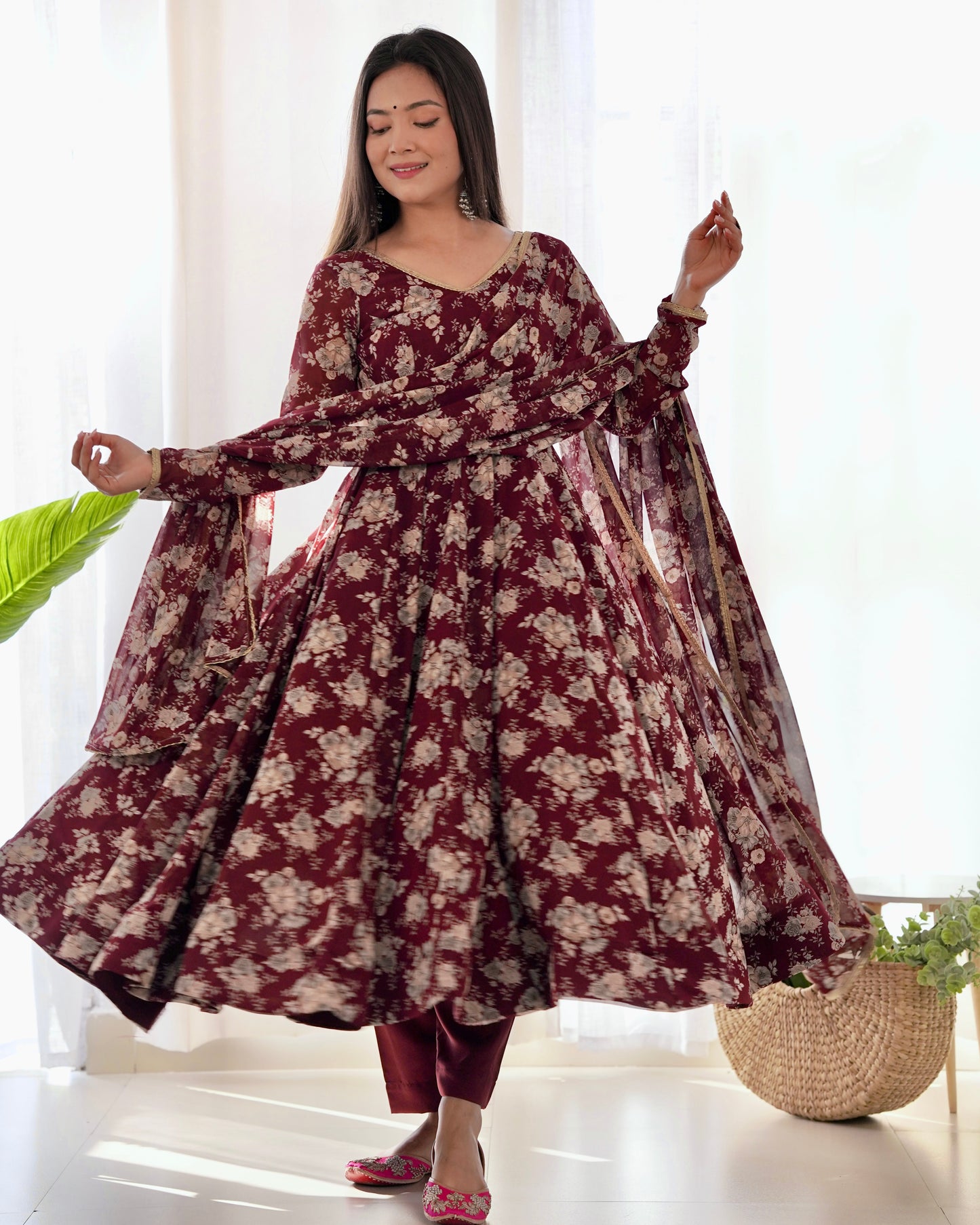Dark Maroon Georgette Long Anarkali Style Suit Gown Set