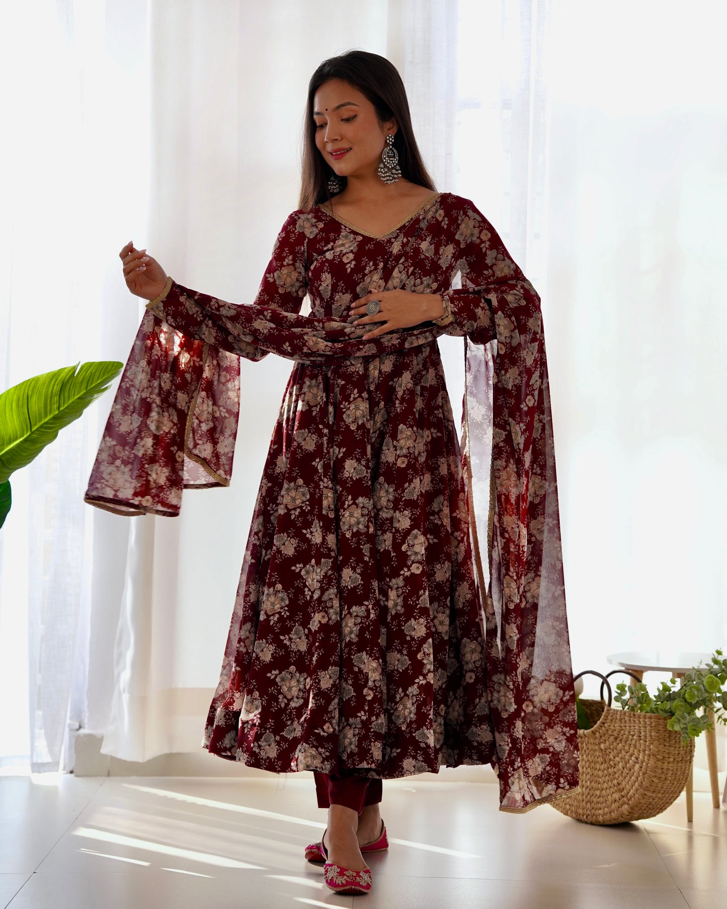 Dark Maroon Georgette Long Anarkali Style Suit Gown Set