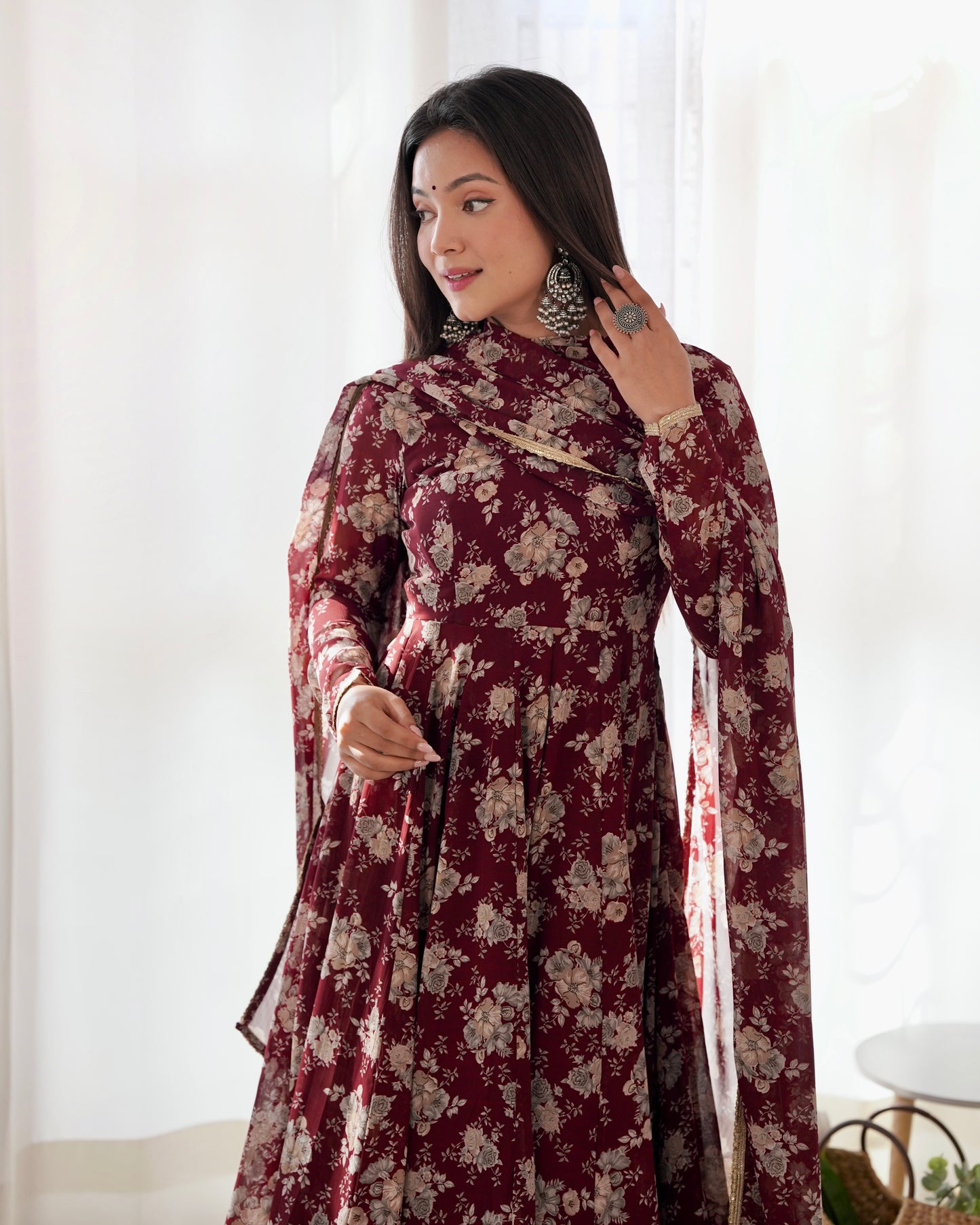 Dark Maroon Georgette Long Anarkali Style Suit Gown Set
