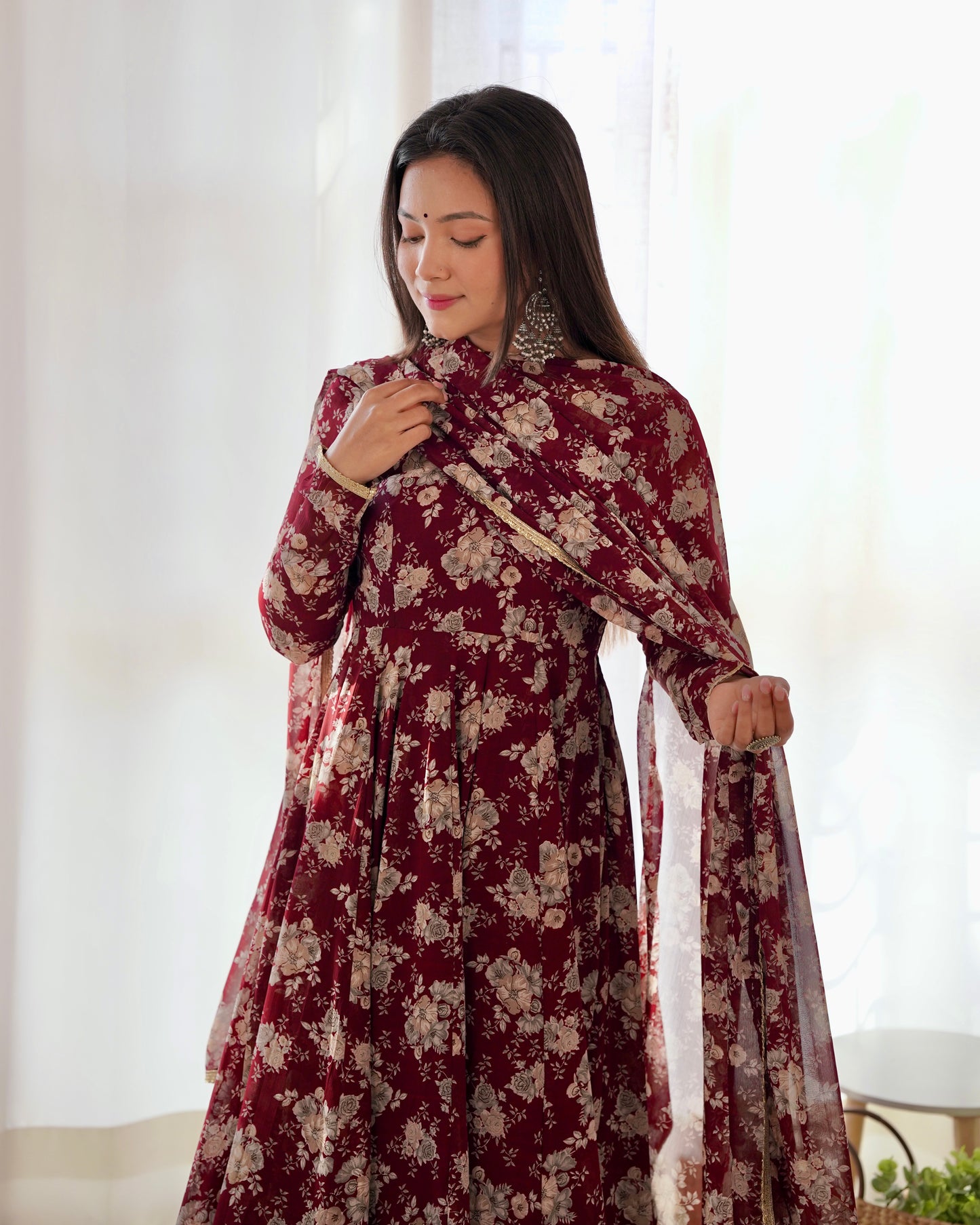 Dark Maroon Georgette Long Anarkali Style Suit Gown Set