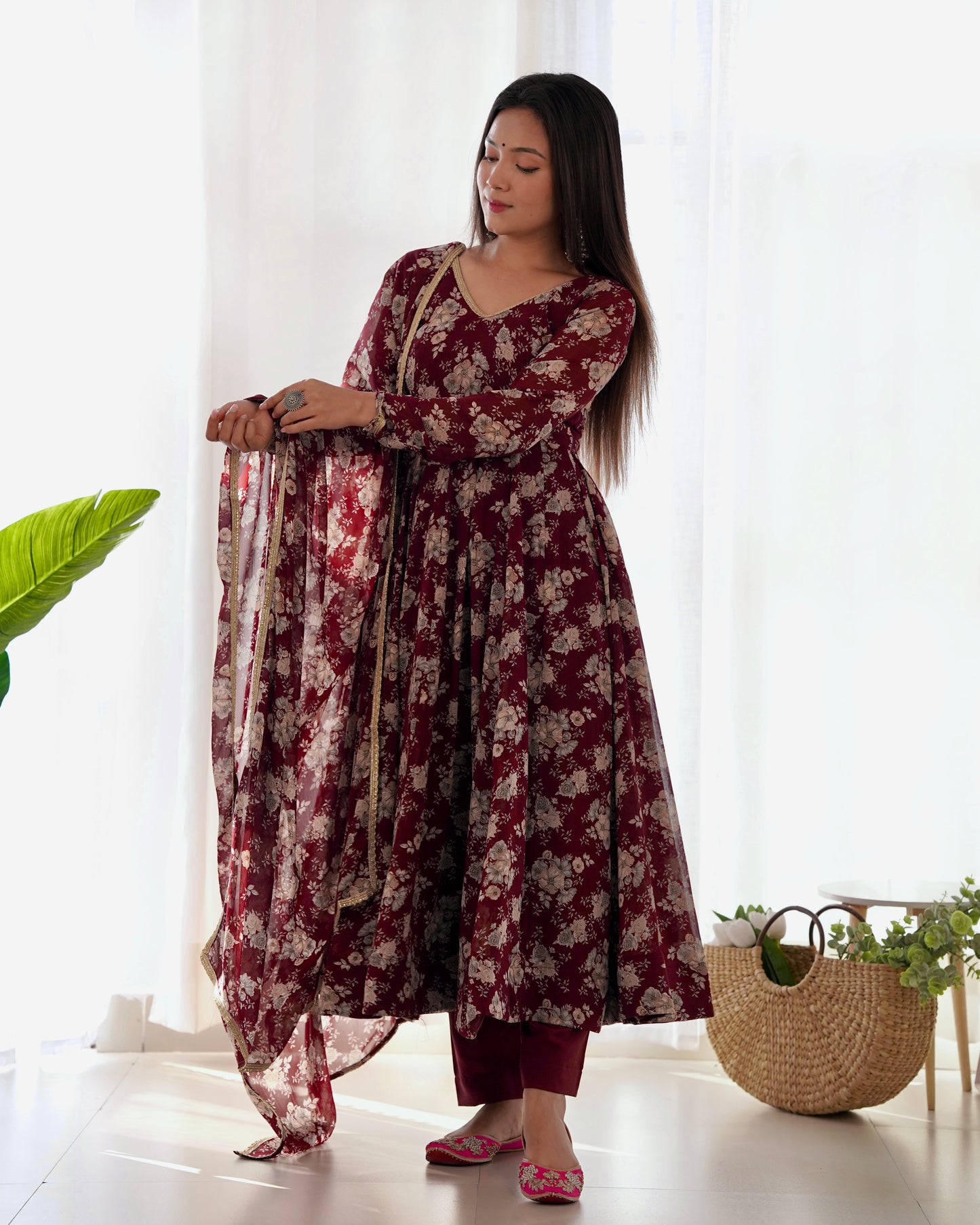 Dark Maroon Georgette Long Anarkali Style Suit Gown Set