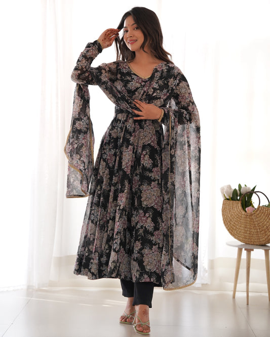 Black Color Georgette Long Anarkali Style Suit Gown Set