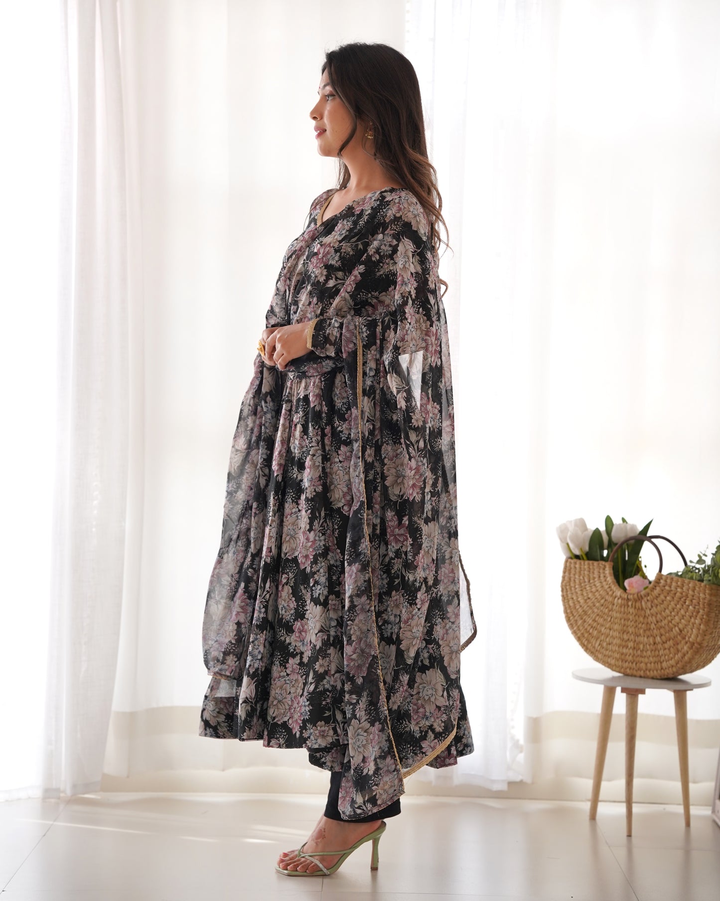 Black Color Georgette Long Anarkali Style Suit Gown Set