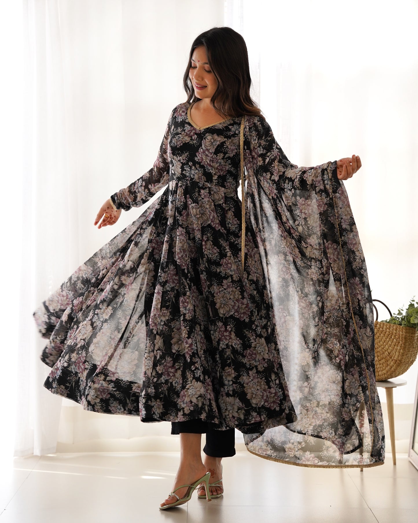 Black Color Georgette Long Anarkali Style Suit Gown Set
