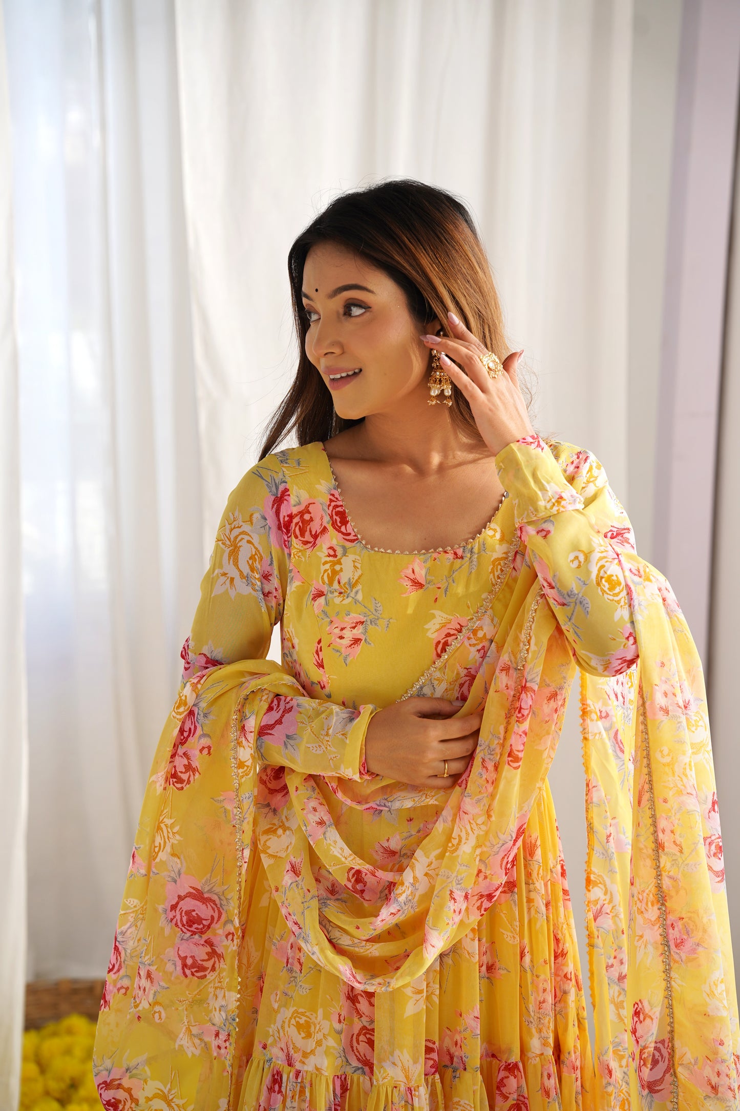 Yellow Color Georgette Print Long Anarkali Style Stitched Suit Set