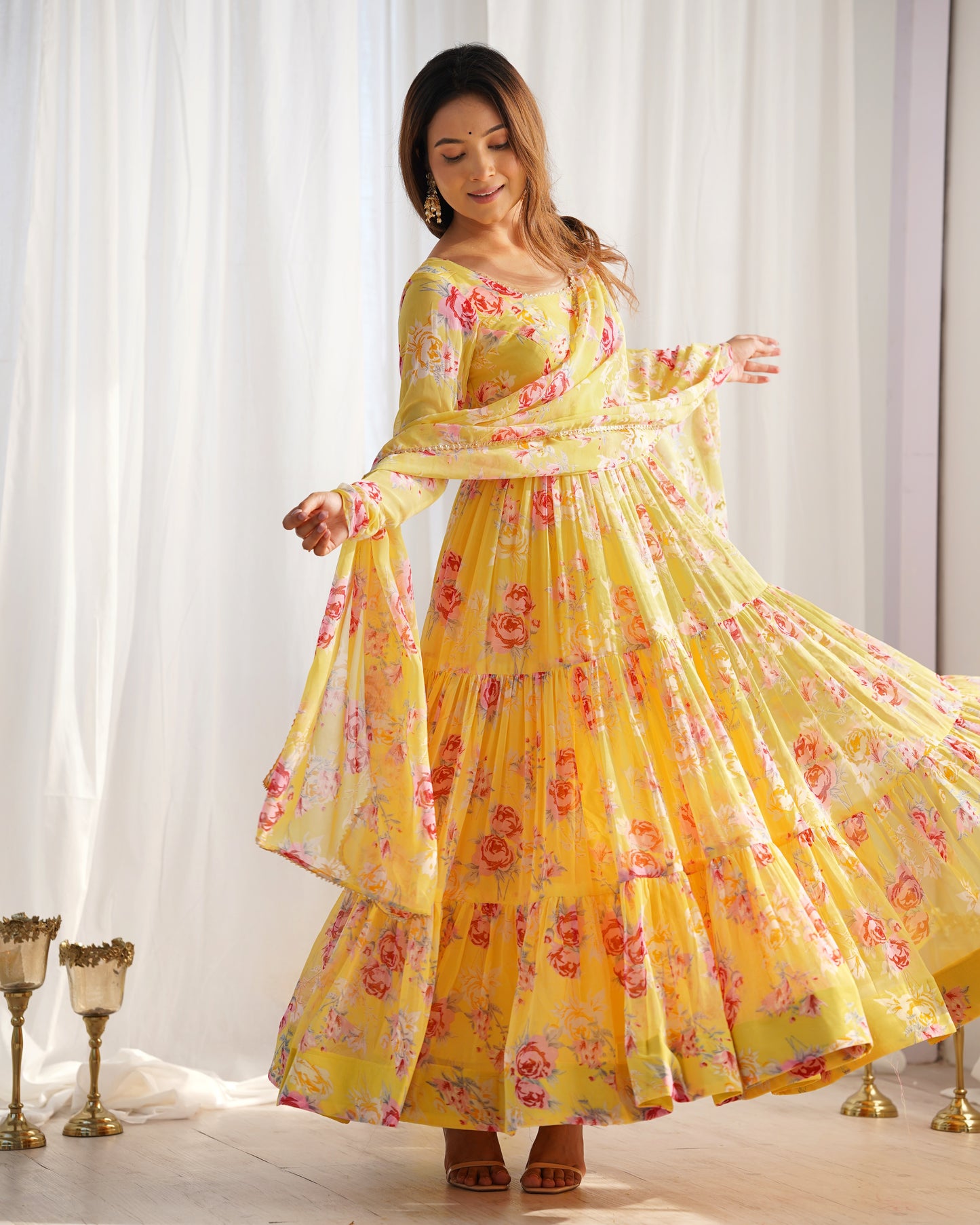 Yellow Color Georgette Print Long Anarkali Style Stitched Suit Set