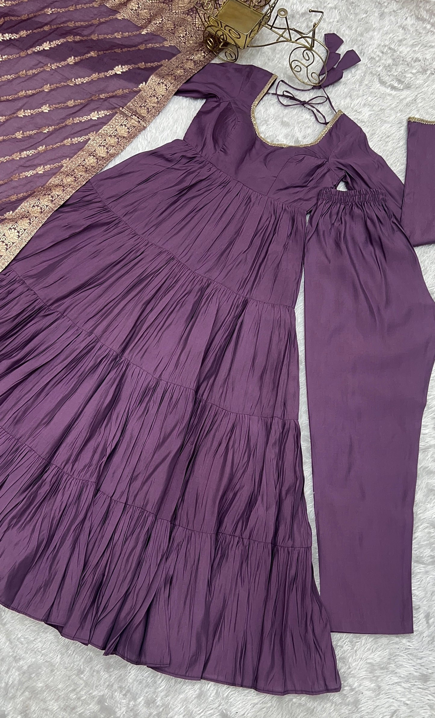 Mavua Purple Roman Silk Gown With Banarasi Dupatta