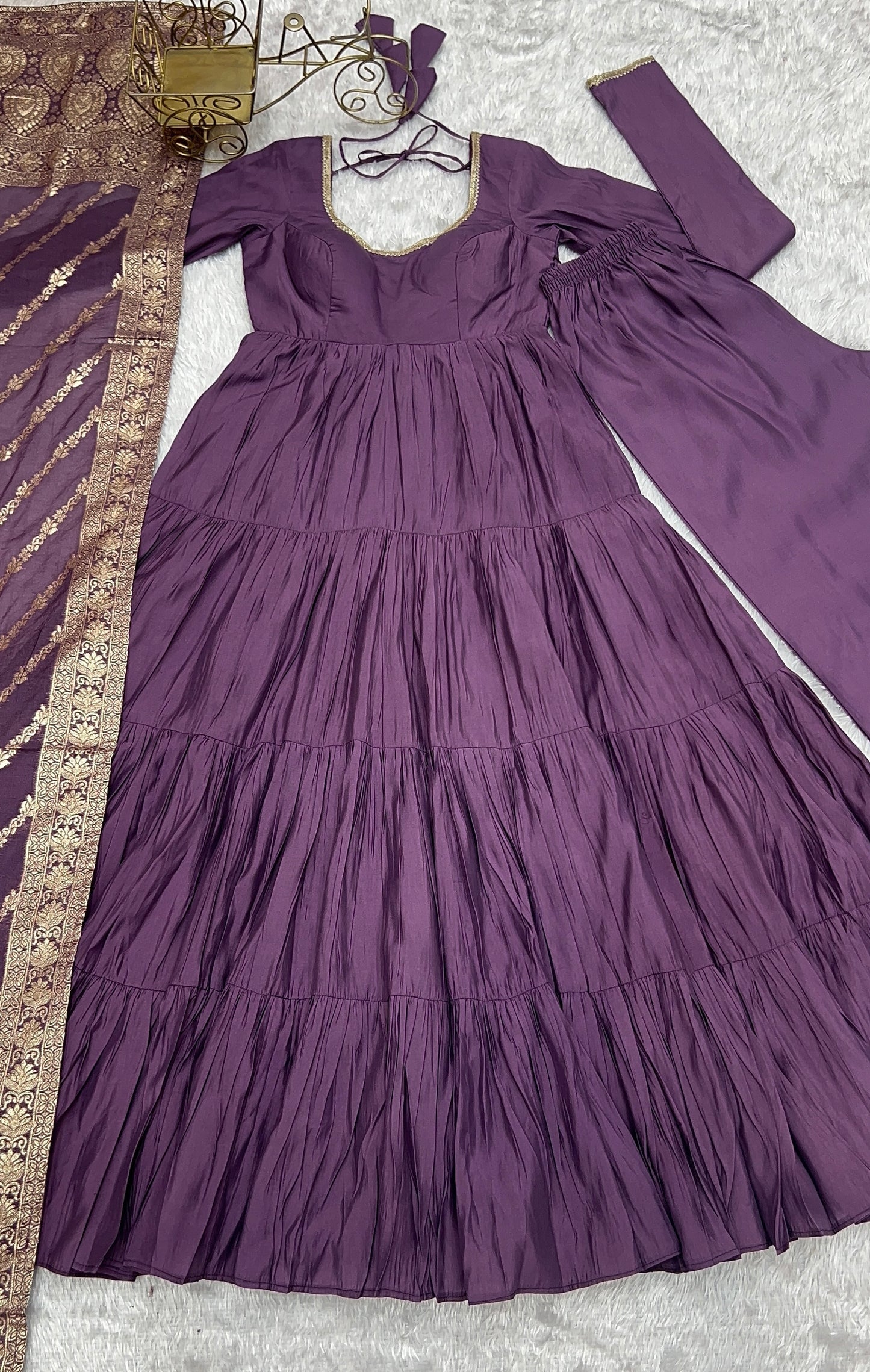 Mavua Purple Roman Silk Gown With Banarasi Dupatta