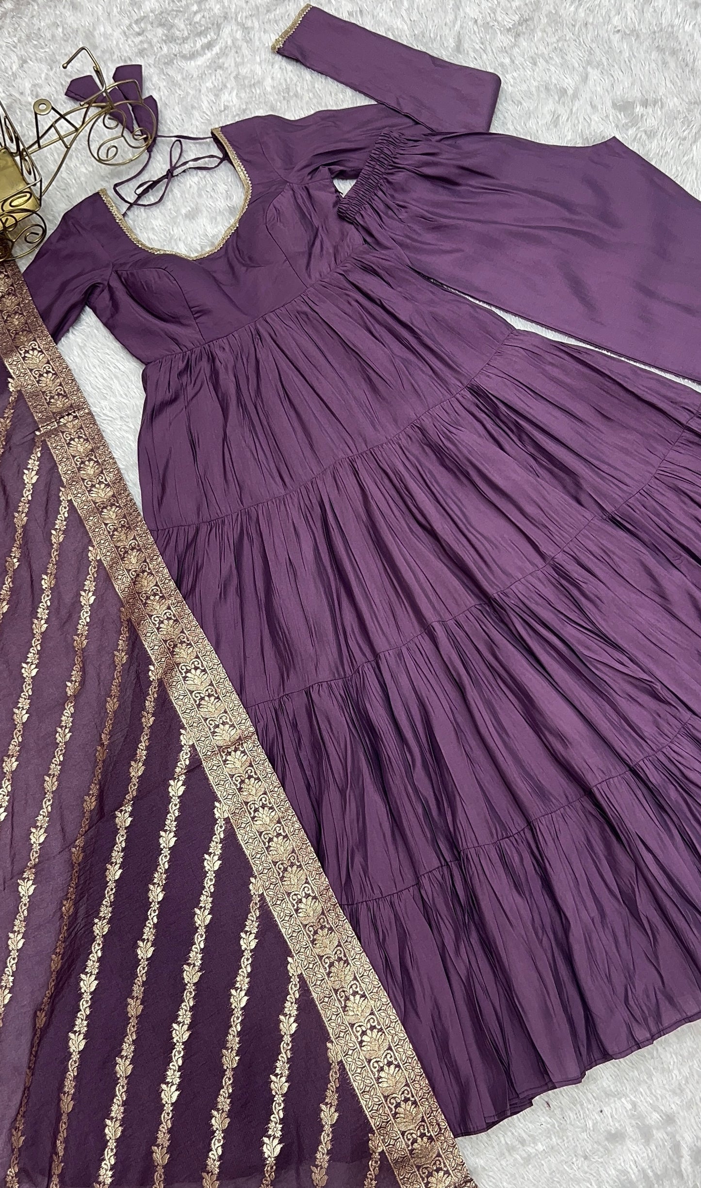 Mavua Purple Roman Silk Gown With Banarasi Dupatta