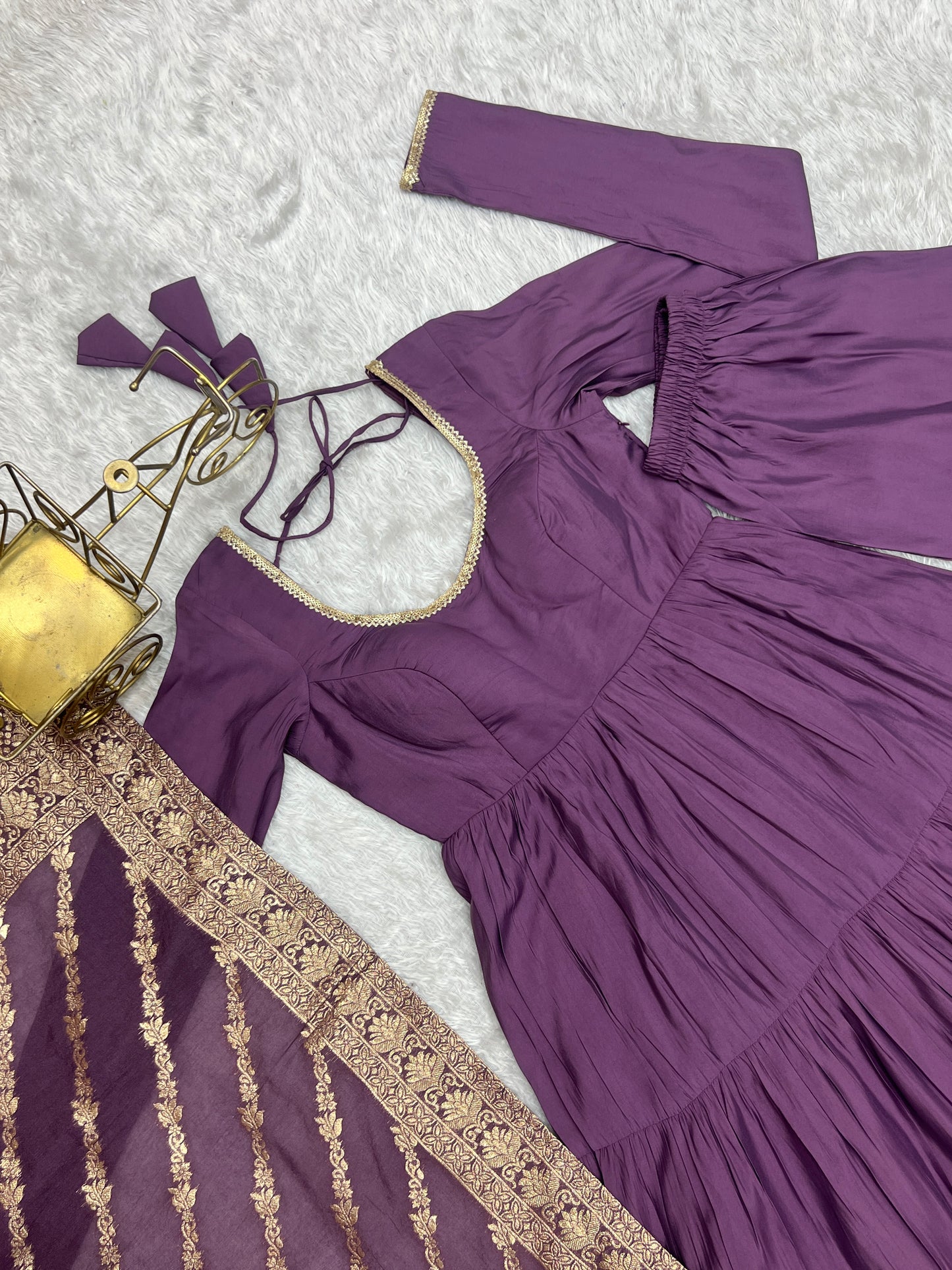 Mavua Purple Roman Silk Gown With Banarasi Dupatta