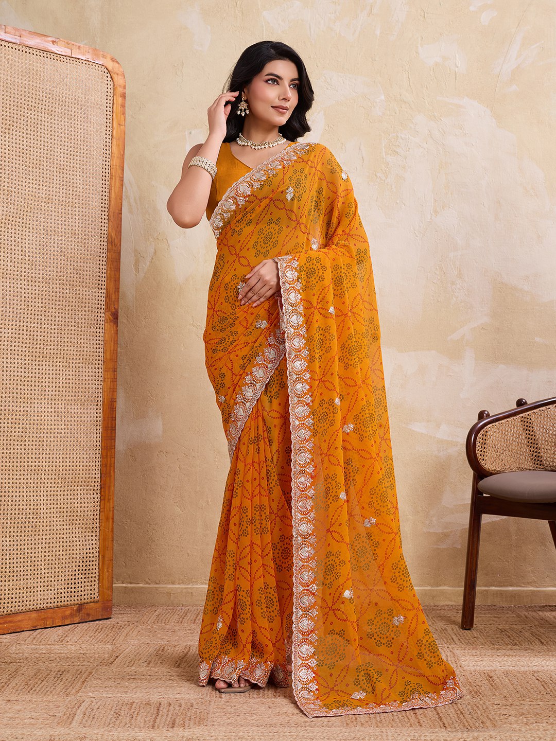 New Womens Trendy Daily Wear Bandhej Georgette Saree