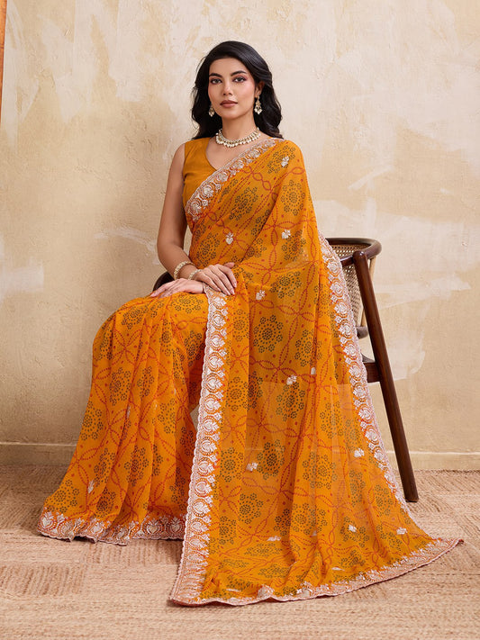 New Womens Trendy Daily Wear Bandhej Georgette Saree