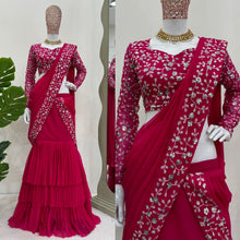 Load image into Gallery viewer, Pink Georgette Ruffle Style Ready to Wear Lehenga Saree
