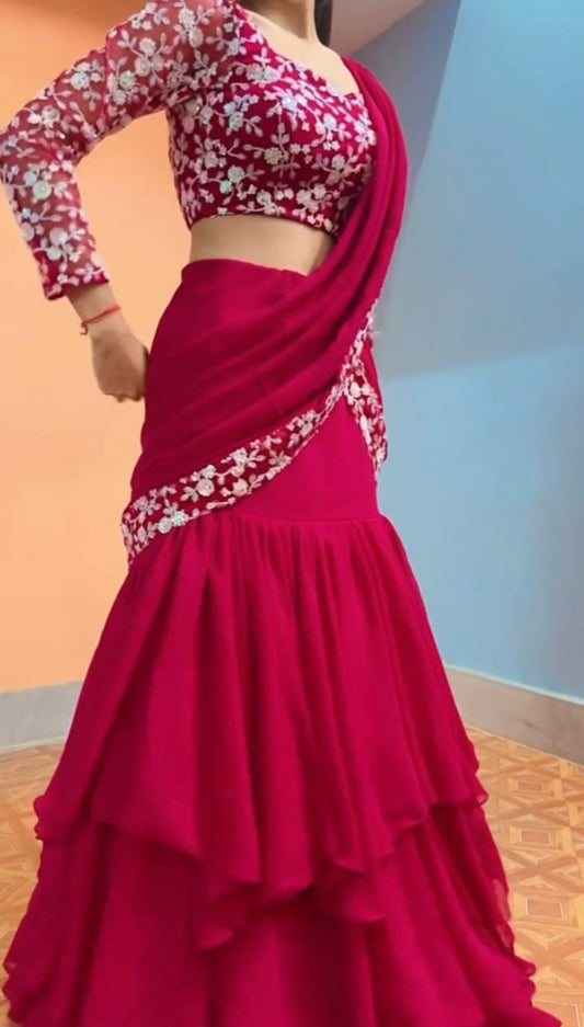 Pink Georgette Ruffle Style Ready to Wear Lehenga Saree